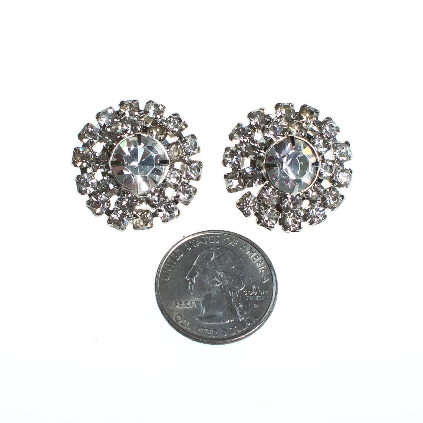 Vintage Round Diamante Crystal Rhinestone Earrings, Silver Tone Setting, Clip-on by Art Deco - Vintage Meet Modern Vintage Jewelry - Chicago, Illinois - #oldhollywoodglamour #vintagemeetmodern #designervintage #jewelrybox #antiquejewelry #vintagejewelry