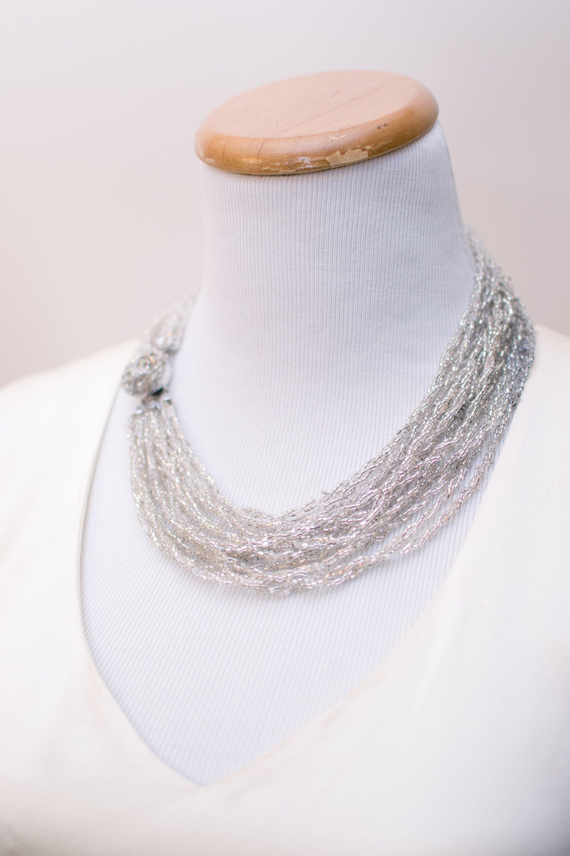 Vintage Made in Japan Silver Glitter Bead Multi Strand Torsade Necklace by Made in Japan - Vintage Meet Modern Vintage Jewelry - Chicago, Illinois - #oldhollywoodglamour #vintagemeetmodern #designervintage #jewelrybox #antiquejewelry #vintagejewelry