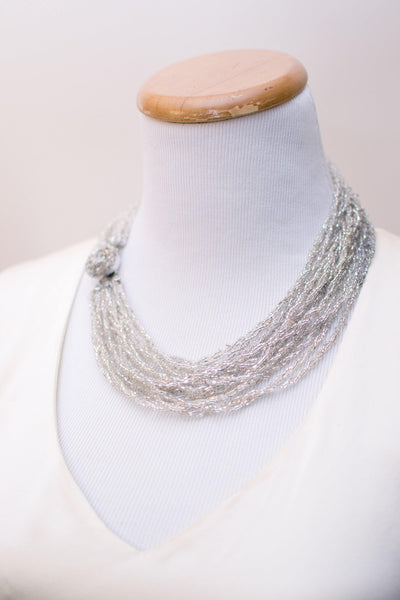 Vintage Made in Japan Silver Glitter Bead Multi Strand Torsade Necklace by Made in Japan - Vintage Meet Modern Vintage Jewelry - Chicago, Illinois - #oldhollywoodglamour #vintagemeetmodern #designervintage #jewelrybox #antiquejewelry #vintagejewelry