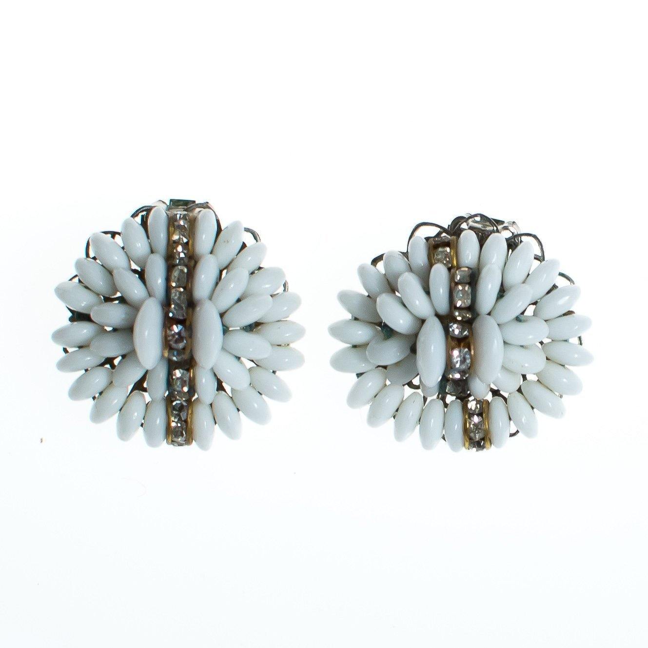 Vintage White Milk Glass Cluster Beaded and Rhinestone Rondelle Earrings, Clip On by Milk Glass - Vintage Meet Modern Vintage Jewelry - Chicago, Illinois - #oldhollywoodglamour #vintagemeetmodern #designervintage #jewelrybox #antiquejewelry #vintagejewelry