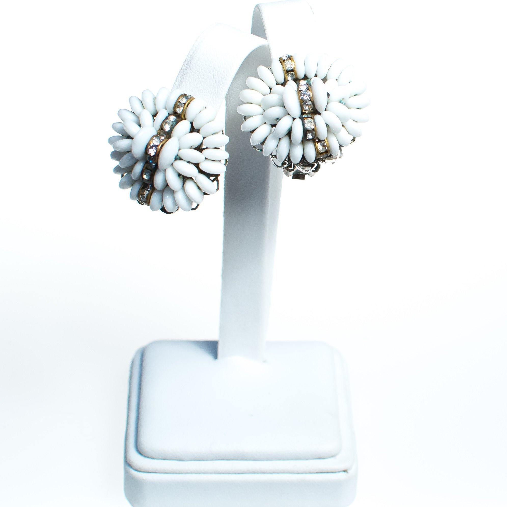 Vintage White Milk Glass Cluster Beaded and Rhinestone Rondelle Earrings, Clip On by Milk Glass - Vintage Meet Modern Vintage Jewelry - Chicago, Illinois - #oldhollywoodglamour #vintagemeetmodern #designervintage #jewelrybox #antiquejewelry #vintagejewelry