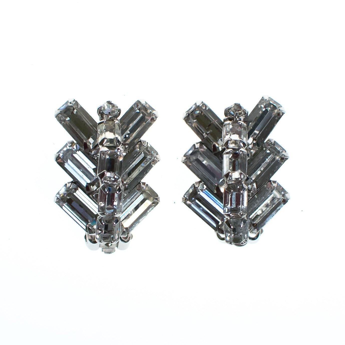 Vintage Chevron Stacked Baguette Diamante Crystal Earrings, Silver Tone Setting, Clip-on by Art Deco - Vintage Meet Modern Vintage Jewelry - Chicago, Illinois - #oldhollywoodglamour #vintagemeetmodern #designervintage #jewelrybox #antiquejewelry #vintagejewelry