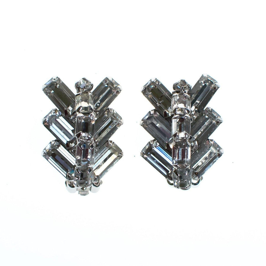 Vintage Chevron Stacked Baguette Diamante Crystal Earrings, Silver Tone Setting, Clip-on by Art Deco - Vintage Meet Modern Vintage Jewelry - Chicago, Illinois - #oldhollywoodglamour #vintagemeetmodern #designervintage #jewelrybox #antiquejewelry #vintagejewelry