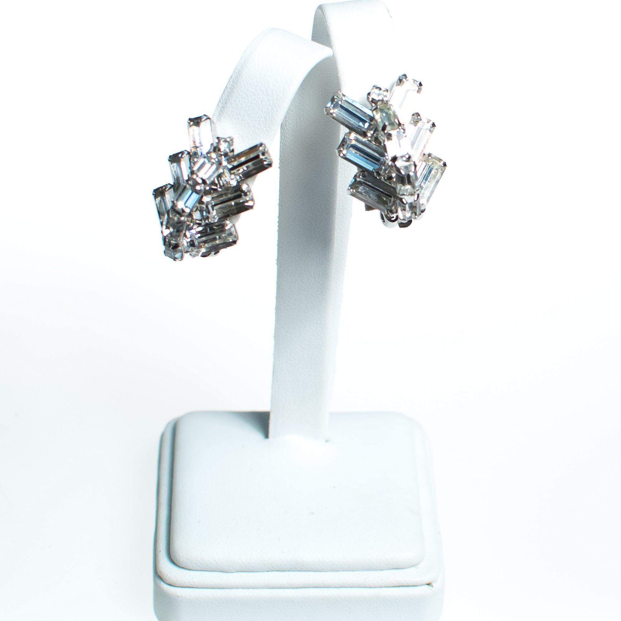 Vintage Chevron Stacked Baguette Diamante Crystal Earrings, Silver Tone Setting, Clip-on by Art Deco - Vintage Meet Modern Vintage Jewelry - Chicago, Illinois - #oldhollywoodglamour #vintagemeetmodern #designervintage #jewelrybox #antiquejewelry #vintagejewelry