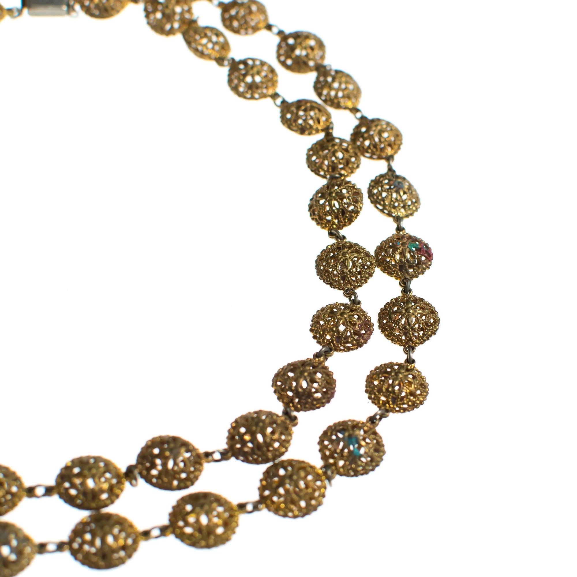 Vintage 1940s Gold Gilt Filigree Double Strand Beaded Necklace by 1940s - Vintage Meet Modern Vintage Jewelry - Chicago, Illinois - #oldhollywoodglamour #vintagemeetmodern #designervintage #jewelrybox #antiquejewelry #vintagejewelry