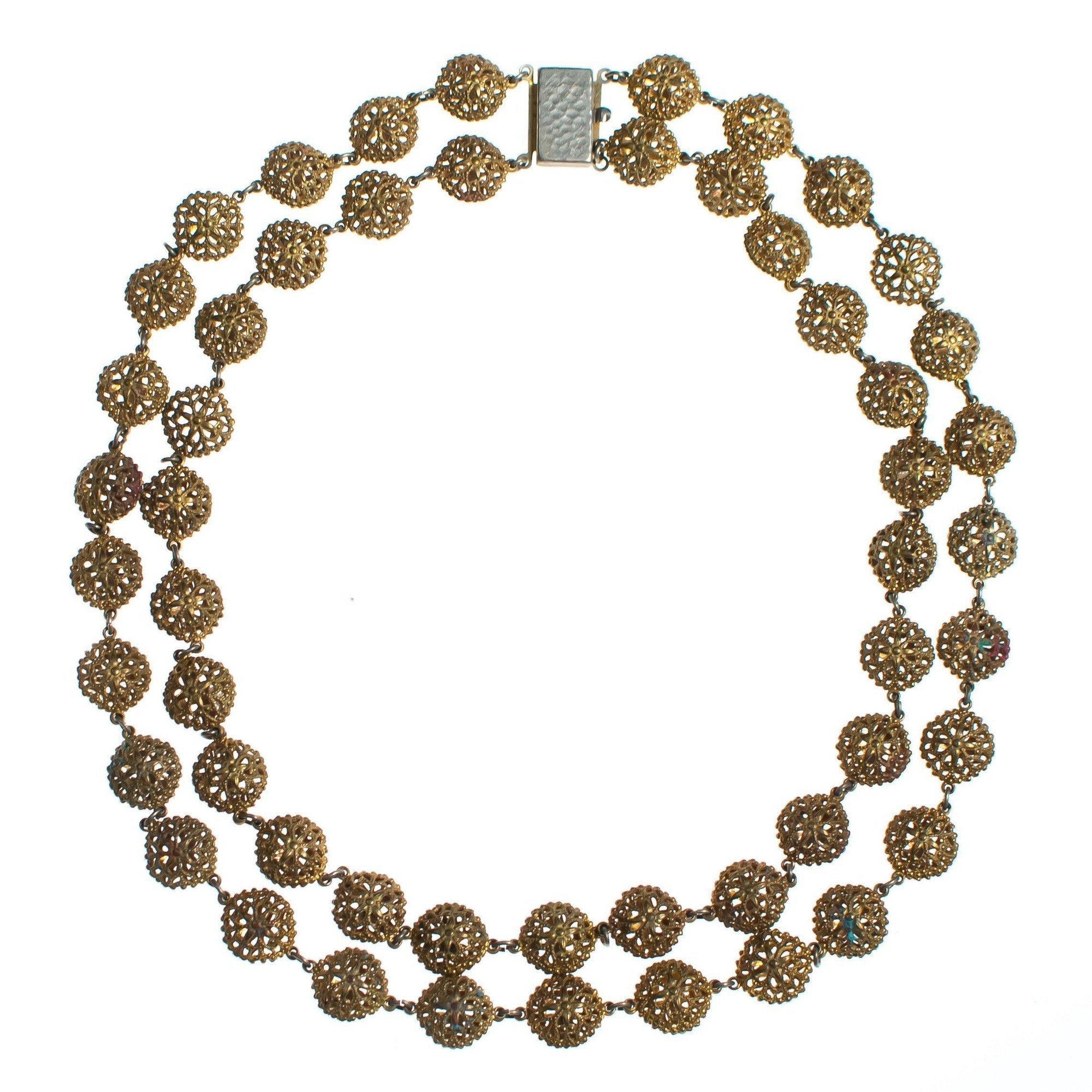 Vintage 1940s Gold Gilt Filigree Double Strand Beaded Necklace by 1940s - Vintage Meet Modern Vintage Jewelry - Chicago, Illinois - #oldhollywoodglamour #vintagemeetmodern #designervintage #jewelrybox #antiquejewelry #vintagejewelry