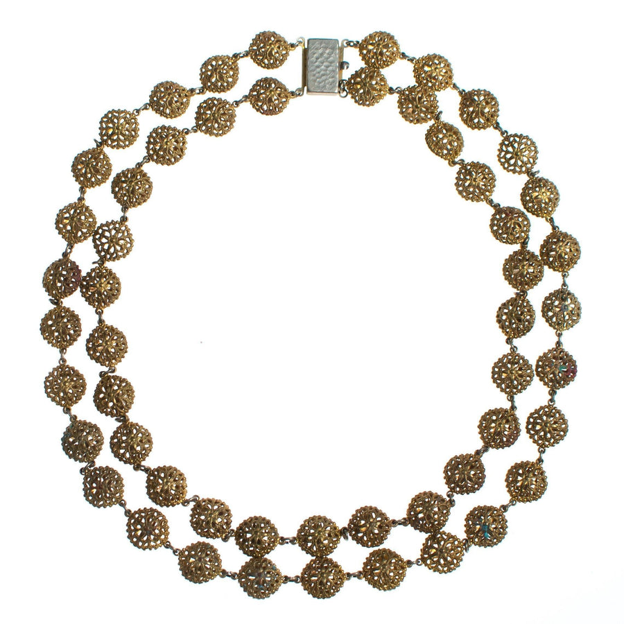 Vintage 1940s Gold Gilt Filigree Double Strand Beaded Necklace by 1940s - Vintage Meet Modern Vintage Jewelry - Chicago, Illinois - #oldhollywoodglamour #vintagemeetmodern #designervintage #jewelrybox #antiquejewelry #vintagejewelry