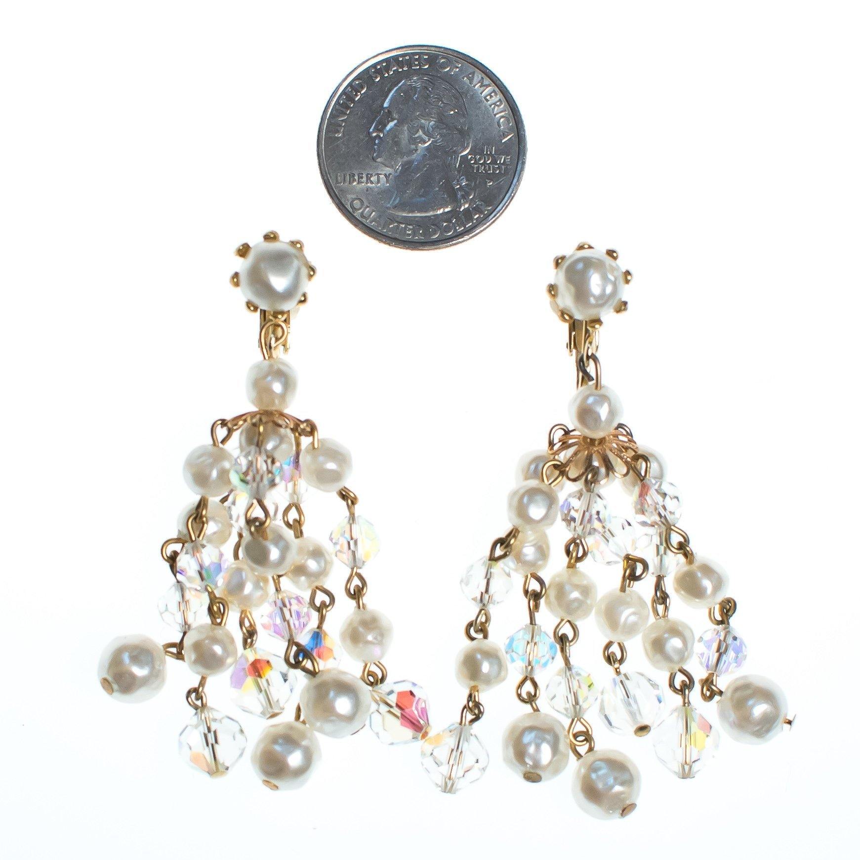 Vintage Aurora Borealis and Pearl Crystal Chandelier Statement Earrings, Clip On by Old Hollywood Glam - Vintage Meet Modern Vintage Jewelry - Chicago, Illinois - #oldhollywoodglamour #vintagemeetmodern #designervintage #jewelrybox #antiquejewelry #vintagejewelry