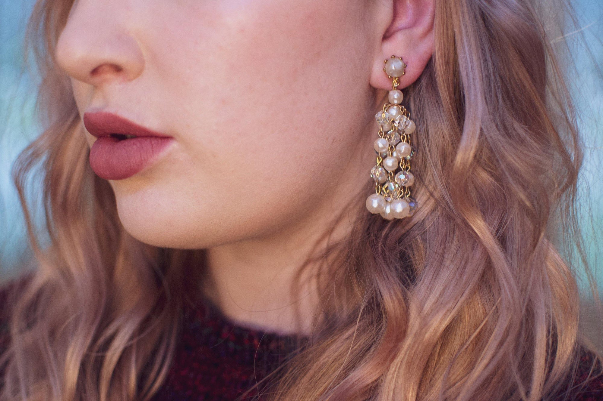 Vintage Aurora Borealis and Pearl Crystal Chandelier Statement Earrings, Clip On by Old Hollywood Glam - Vintage Meet Modern Vintage Jewelry - Chicago, Illinois - #oldhollywoodglamour #vintagemeetmodern #designervintage #jewelrybox #antiquejewelry #vintagejewelry