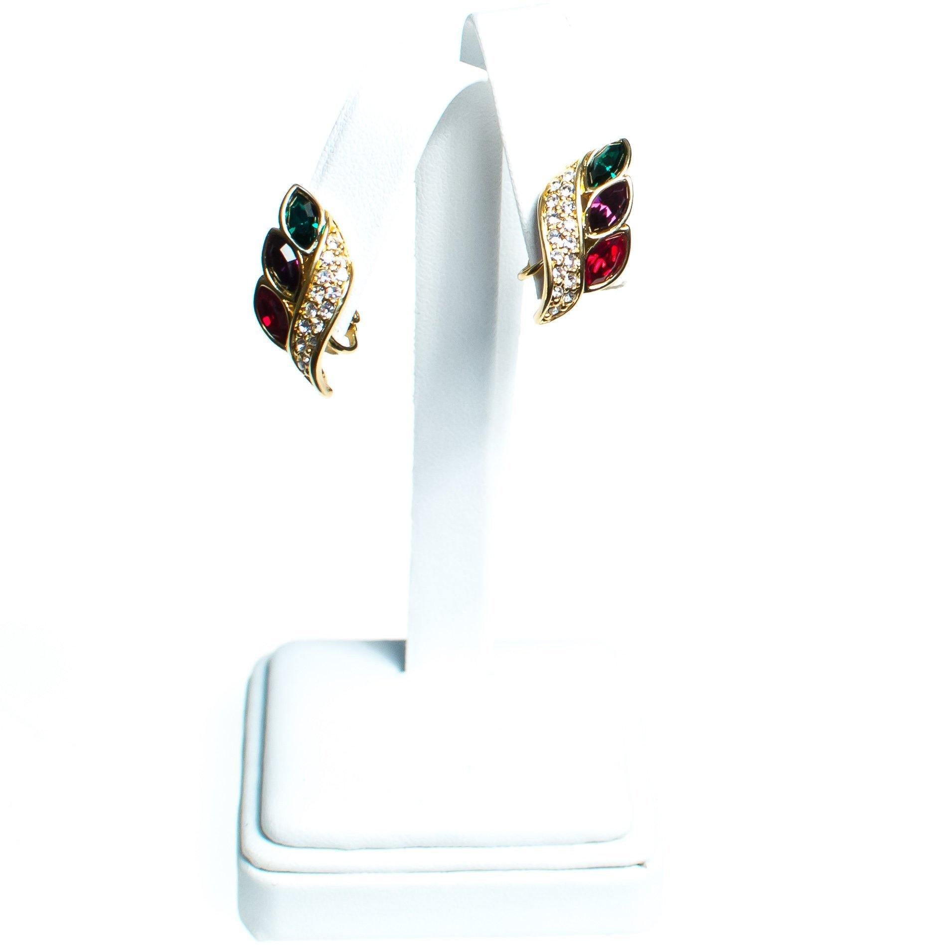 Vintage Swarovski Crystal Earrings in Jewel Toes, Green Pink and Blue, Flame Ear Crawler Design by Swarovski - Vintage Meet Modern Vintage Jewelry - Chicago, Illinois - #oldhollywoodglamour #vintagemeetmodern #designervintage #jewelrybox #antiquejewelry #vintagejewelry