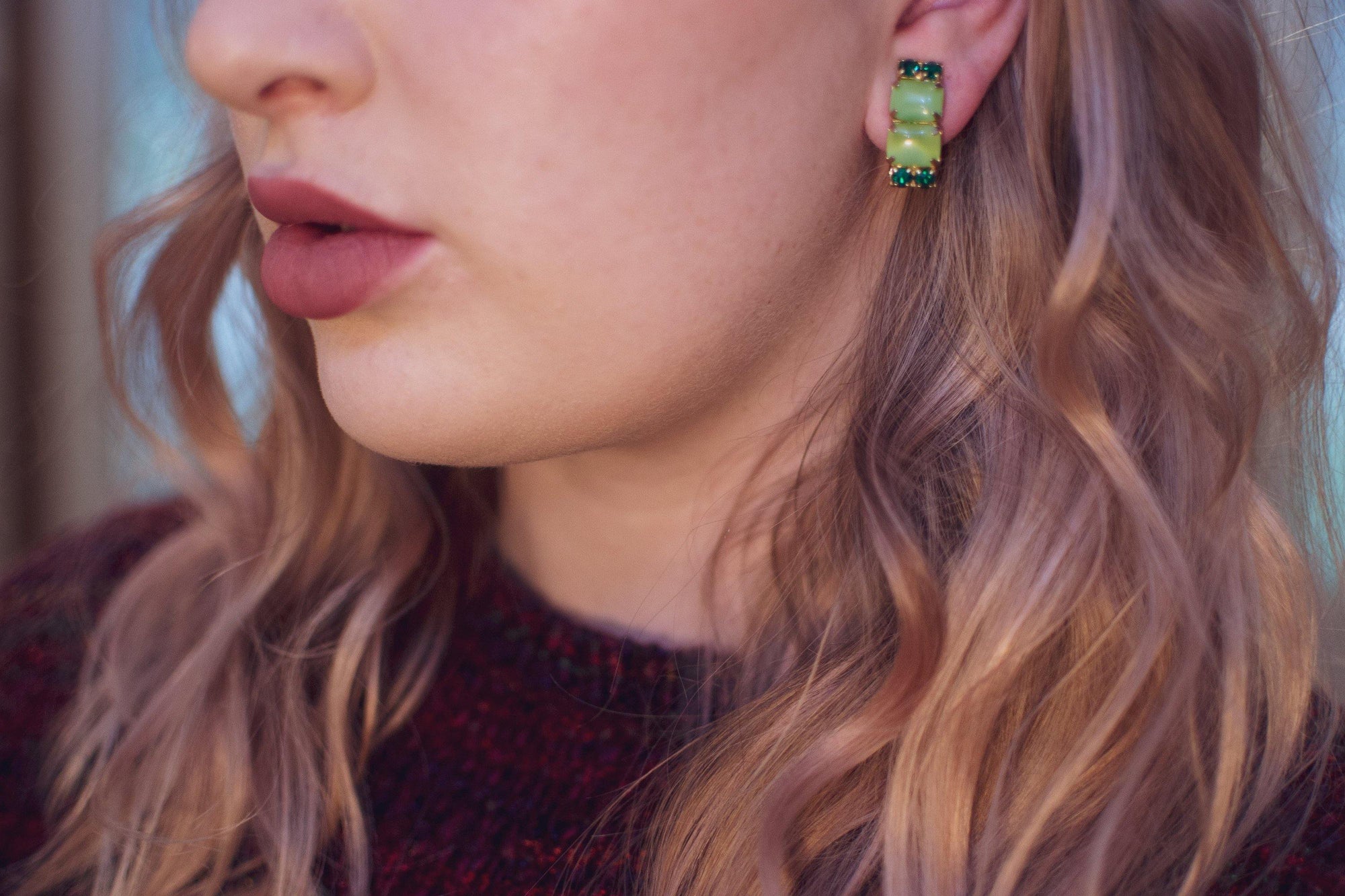 Vintage Mid Century Modern Light Green Cabochon and Dark Green Rhinestone Earrings, Clip On by Mid Century Modern - Vintage Meet Modern Vintage Jewelry - Chicago, Illinois - #oldhollywoodglamour #vintagemeetmodern #designervintage #jewelrybox #antiquejewelry #vintagejewelry