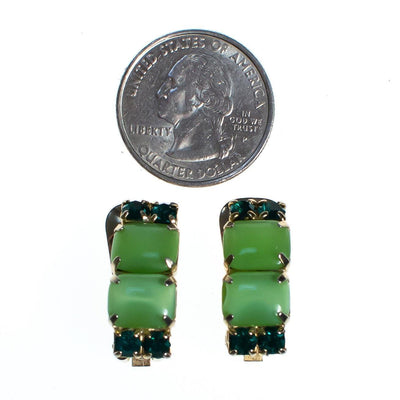 Vintage Mid Century Modern Light Green Cabochon and Dark Green Rhinestone Earrings, Clip On by Mid Century Modern - Vintage Meet Modern Vintage Jewelry - Chicago, Illinois - #oldhollywoodglamour #vintagemeetmodern #designervintage #jewelrybox #antiquejewelry #vintagejewelry