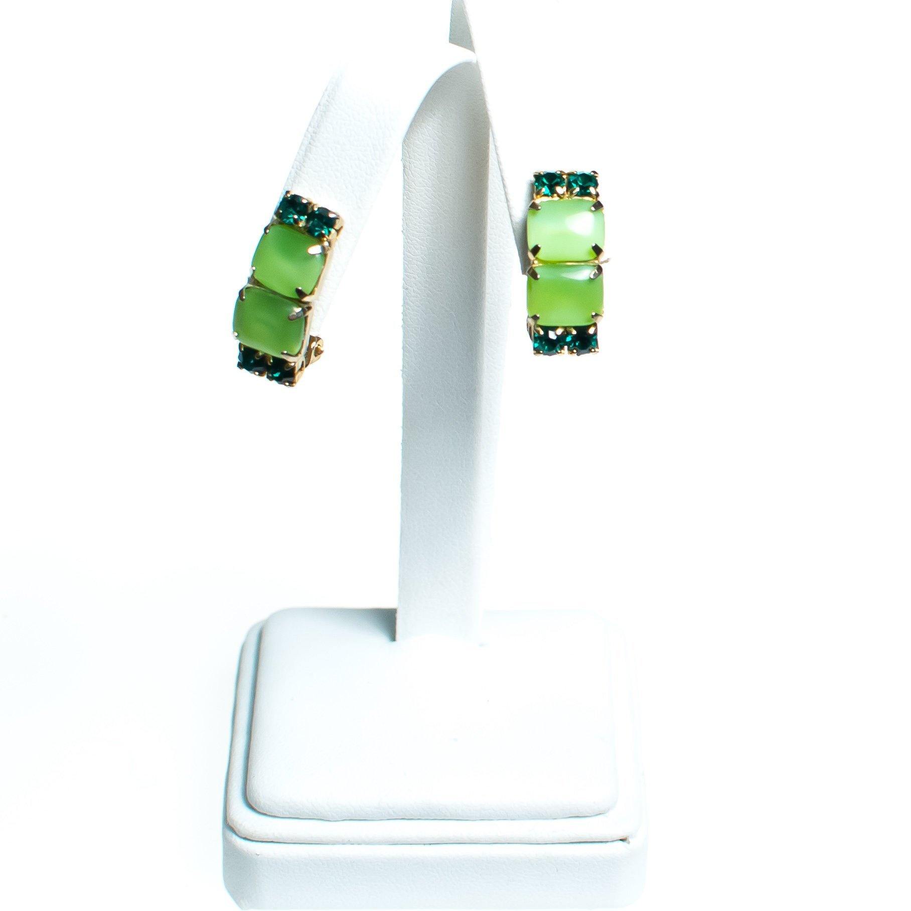 Vintage Mid Century Modern Light Green Cabochon and Dark Green Rhinestone Earrings, Clip On by Mid Century Modern - Vintage Meet Modern Vintage Jewelry - Chicago, Illinois - #oldhollywoodglamour #vintagemeetmodern #designervintage #jewelrybox #antiquejewelry #vintagejewelry