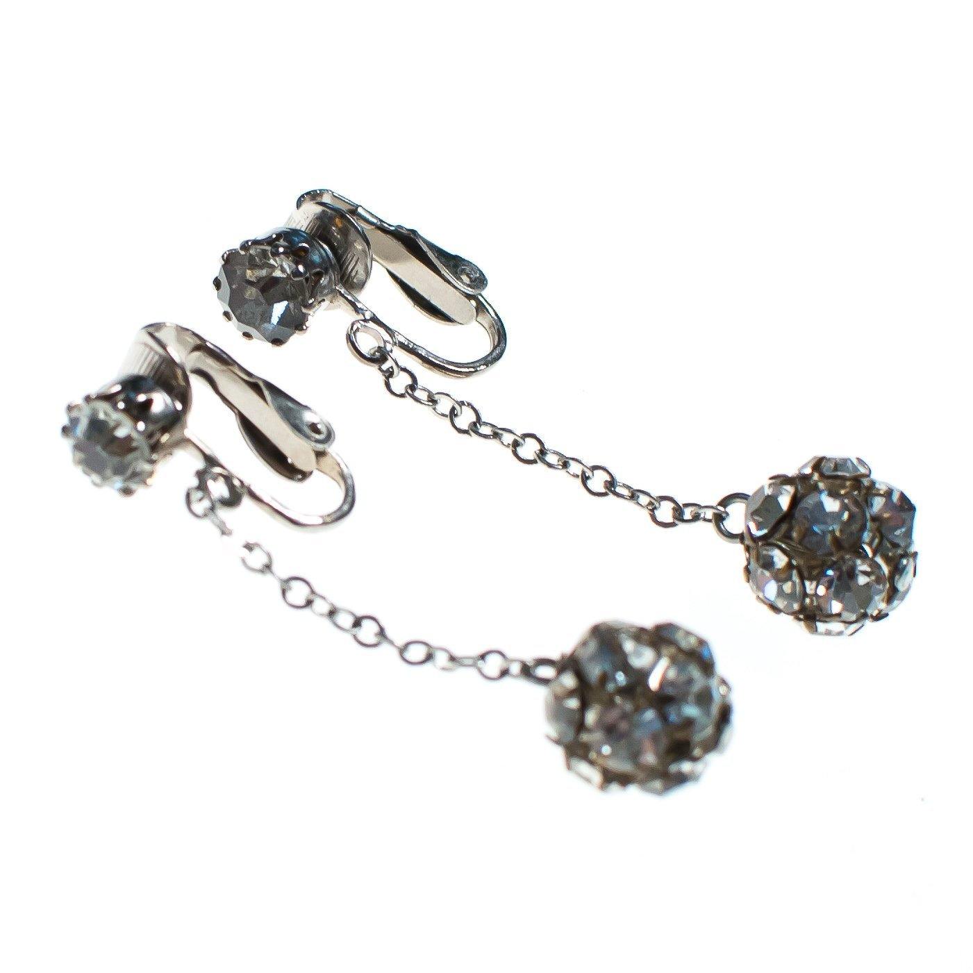 Vintage Crystal Ball Statement Earrings, Diamante Crystals, Clip-on Dangle Earrings by Art Deco - Vintage Meet Modern Vintage Jewelry - Chicago, Illinois - #oldhollywoodglamour #vintagemeetmodern #designervintage #jewelrybox #antiquejewelry #vintagejewelry
