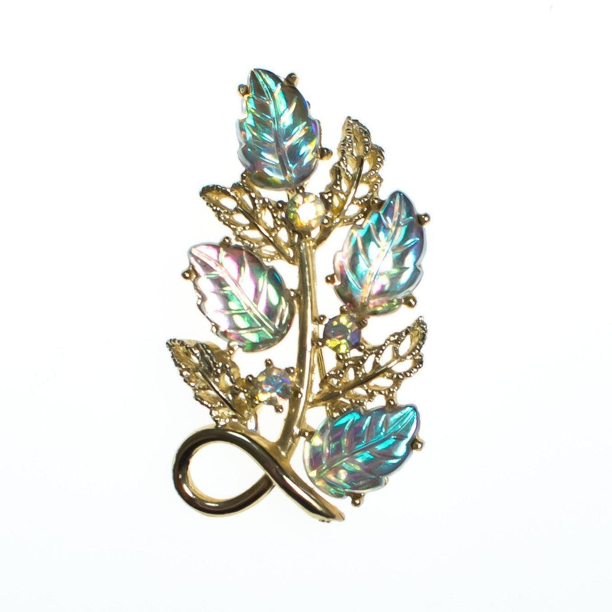 Vintage Pressed Glass Aurora Borealis Leaf Brooch