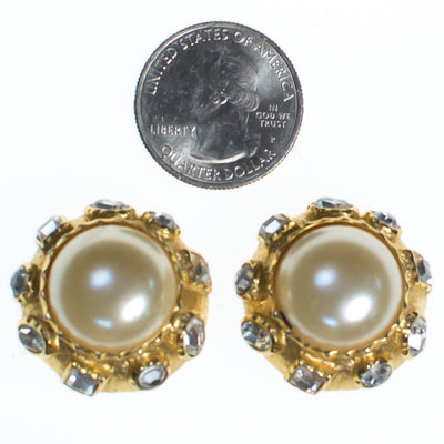 Vintage 1980s Etruscan Revival Pearl and Bezel Set Rhinestone Statement Earrings by 1980s - Vintage Meet Modern Vintage Jewelry - Chicago, Illinois - #oldhollywoodglamour #vintagemeetmodern #designervintage #jewelrybox #antiquejewelry #vintagejewelry