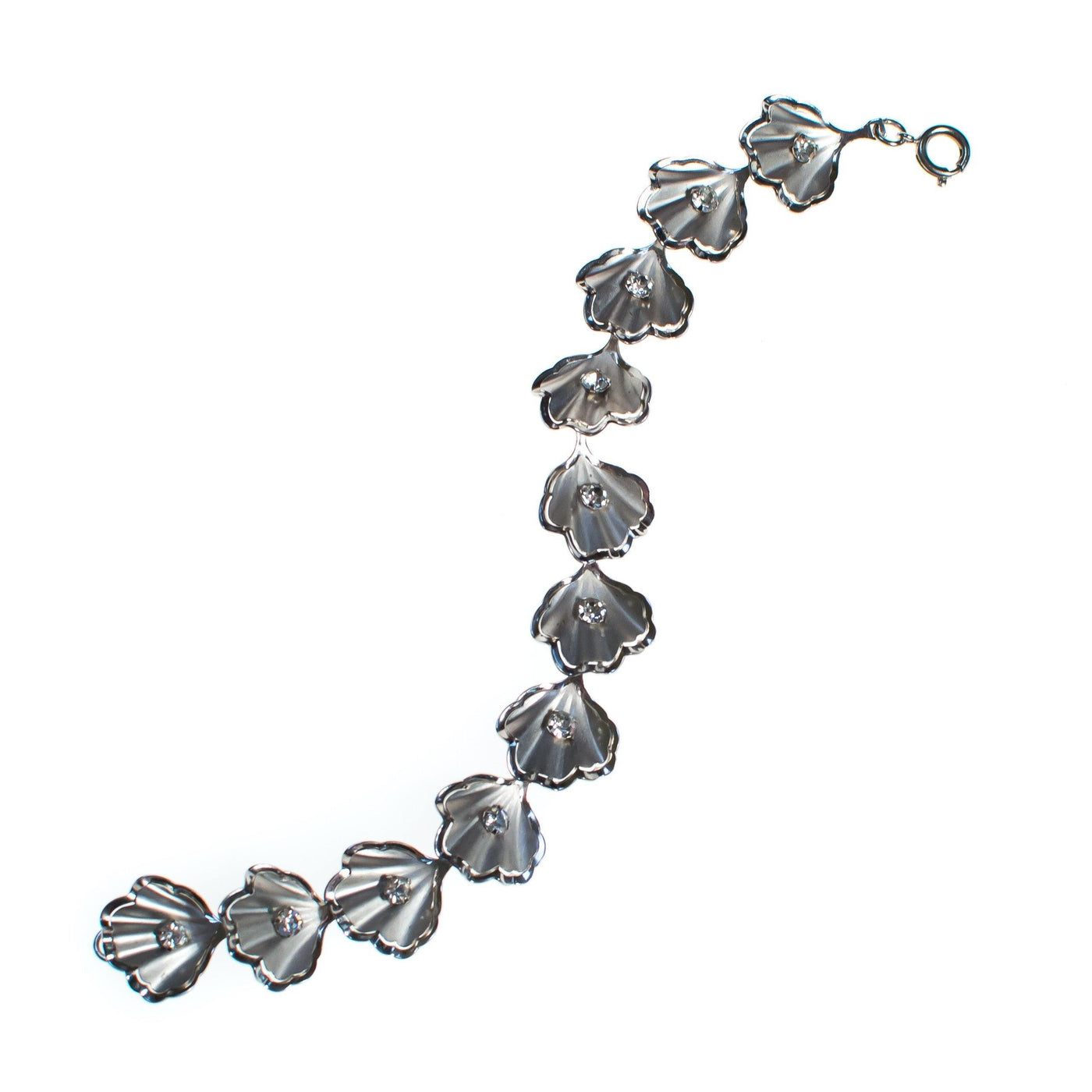 Vintage Old Hollywood Glam Mid Century Modern Silver Shell Bracelet with Rhinestones