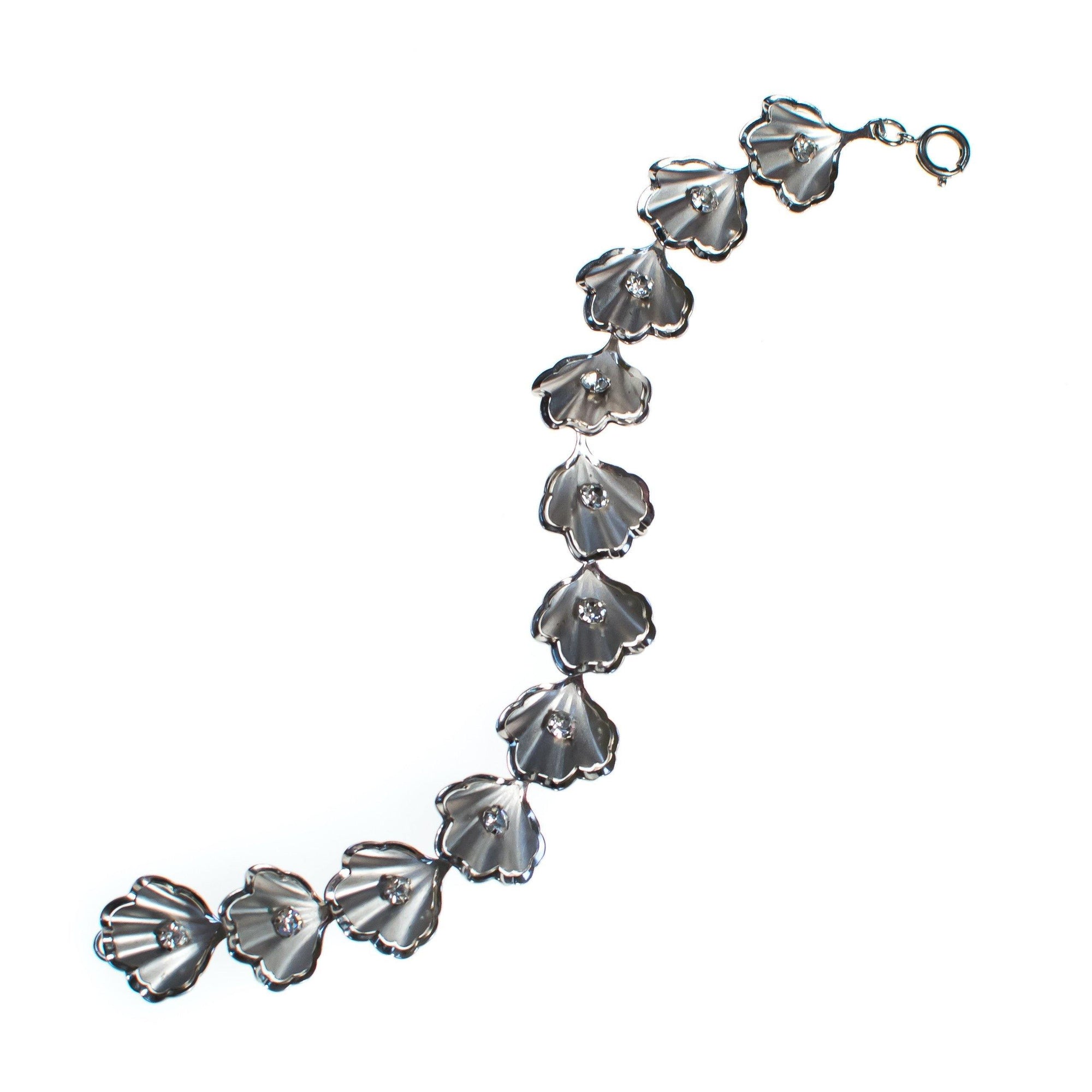 Vintage Old Hollywood Glam Mid Century Modern Silver Shell Bracelet with Rhinestones by 1950s - Vintage Meet Modern Vintage Jewelry - Chicago, Illinois - #oldhollywoodglamour #vintagemeetmodern #designervintage #jewelrybox #antiquejewelry #vintagejewelry