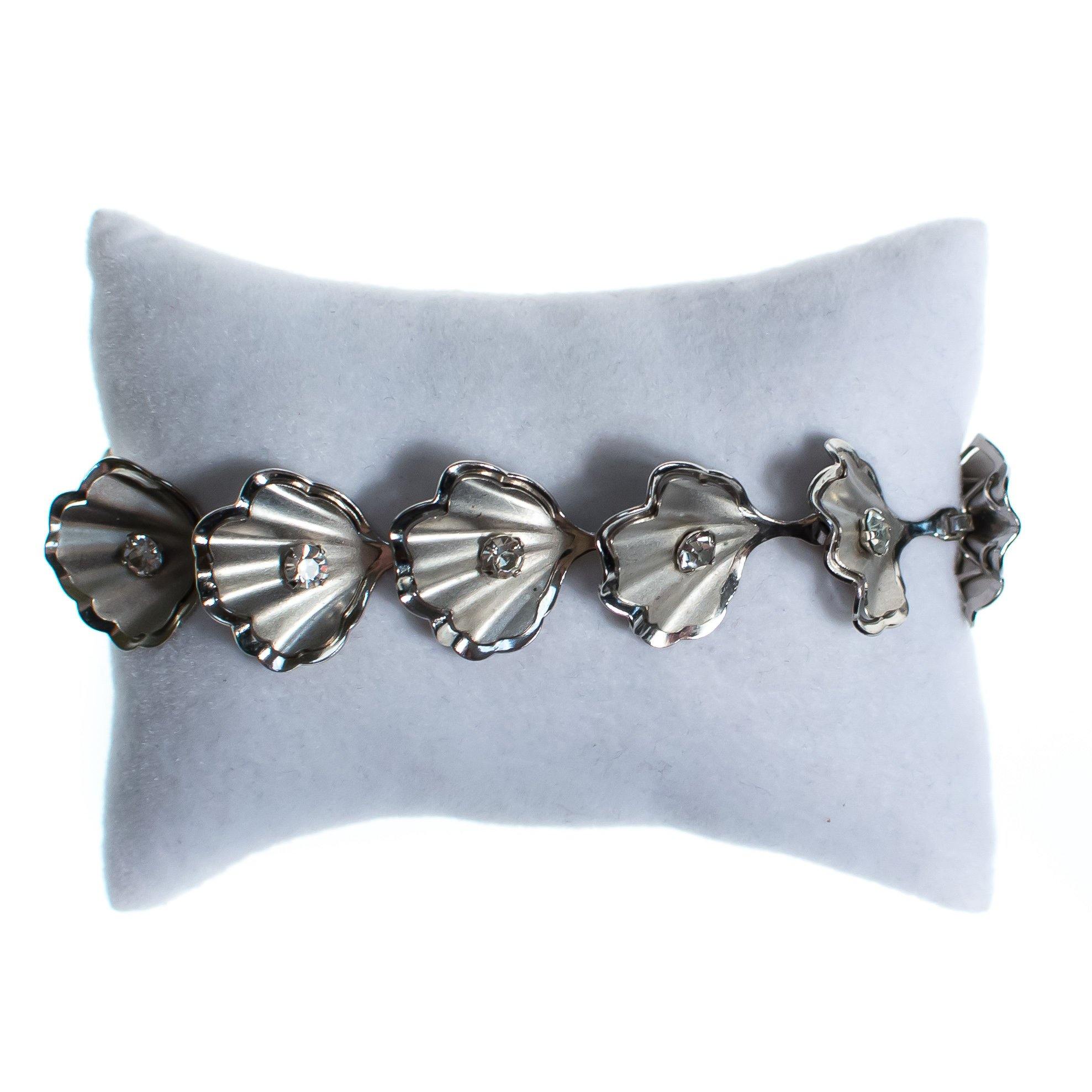 Vintage Old Hollywood Glam Mid Century Modern Silver Shell Bracelet with Rhinestones by 1950s - Vintage Meet Modern Vintage Jewelry - Chicago, Illinois - #oldhollywoodglamour #vintagemeetmodern #designervintage #jewelrybox #antiquejewelry #vintagejewelry