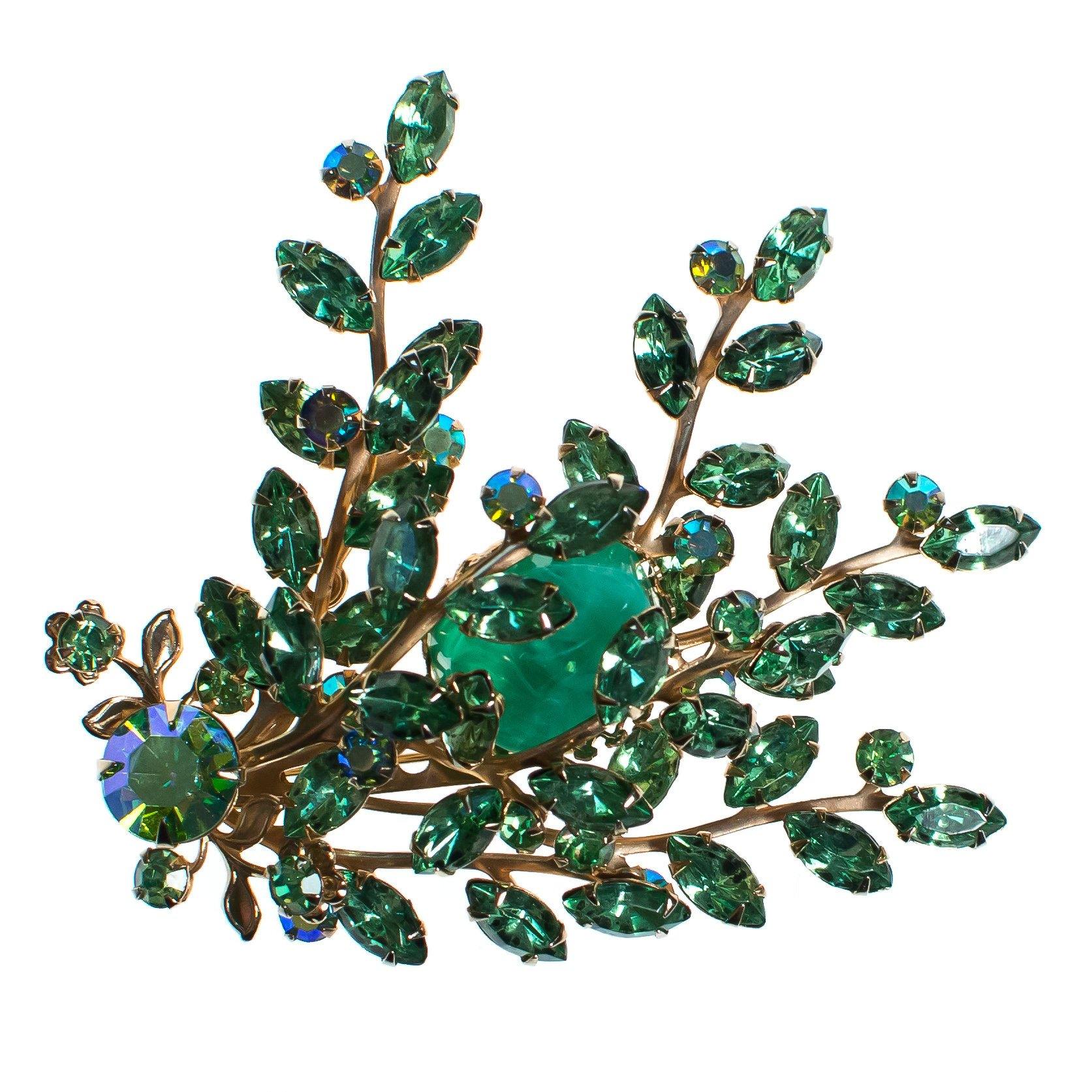 Vintage Light Green Rhinestone and Molted Green Art Glass Cabochon Spray Style Brooch by 1950s - Vintage Meet Modern Vintage Jewelry - Chicago, Illinois - #oldhollywoodglamour #vintagemeetmodern #designervintage #jewelrybox #antiquejewelry #vintagejewelry