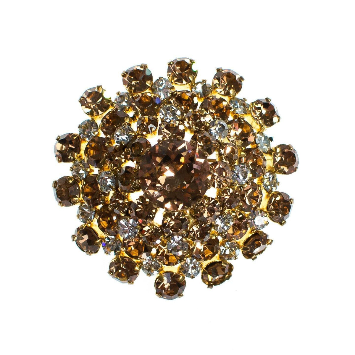Vintage Austrian Champagne and Gold Rhinestone Domed Medallion Brooch
