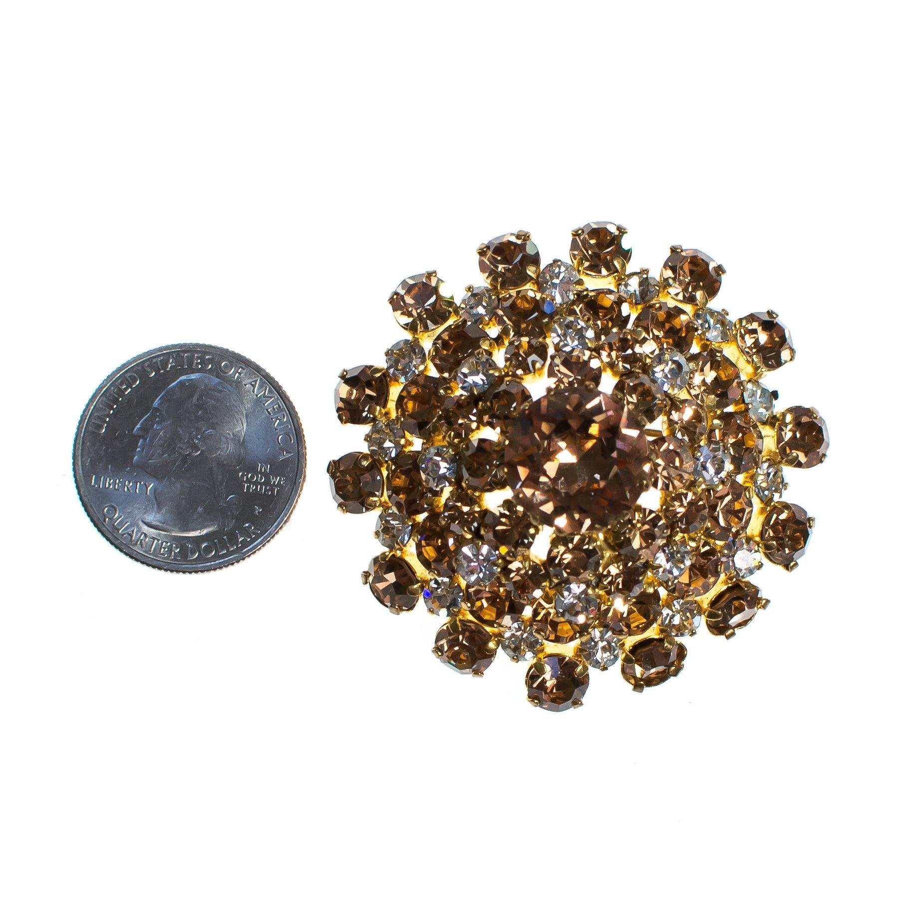 Vintage Austrian Champagne and Gold Rhinestone Domed Medallion Brooch by Austria - Vintage Meet Modern Vintage Jewelry - Chicago, Illinois - #oldhollywoodglamour #vintagemeetmodern #designervintage #jewelrybox #antiquejewelry #vintagejewelry