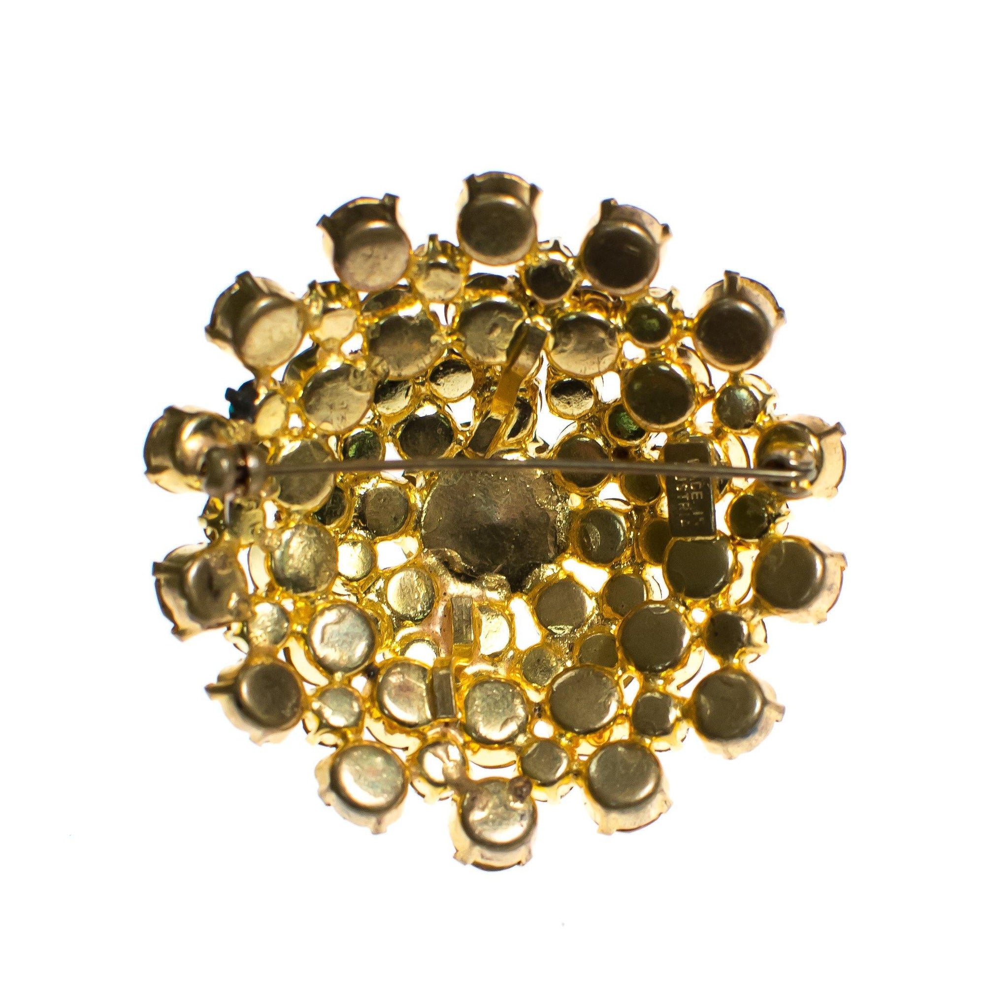 Vintage Austrian Champagne and Gold Rhinestone Domed Medallion Brooch by Austria - Vintage Meet Modern Vintage Jewelry - Chicago, Illinois - #oldhollywoodglamour #vintagemeetmodern #designervintage #jewelrybox #antiquejewelry #vintagejewelry