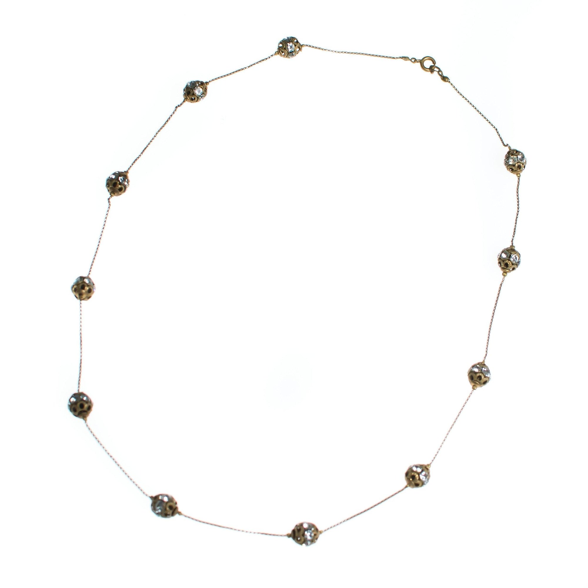 Vintage 1940s Gilt Rhinestone Ball Necklace by 1940s - Vintage Meet Modern Vintage Jewelry - Chicago, Illinois - #oldhollywoodglamour #vintagemeetmodern #designervintage #jewelrybox #antiquejewelry #vintagejewelry