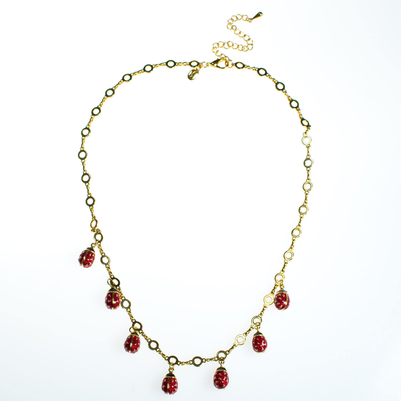 Vintage Joan Rivers Lady Bug Charm Necklace, Red, Black, and Gold Lady Bug Dangles, Gold Tone Necklace, Lobster Clasp