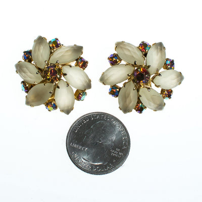 Vintage Champagne Frosted Crystal and Aurora Borealis Rhinestone Flower Statement Earrings, Clip On by 1960s - Vintage Meet Modern Vintage Jewelry - Chicago, Illinois - #oldhollywoodglamour #vintagemeetmodern #designervintage #jewelrybox #antiquejewelry #vintagejewelry