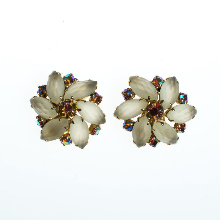 Vintage Champagne Frosted Crystal and Aurora Borealis Rhinestone Flower Statement Earrings, Clip On by 1960s - Vintage Meet Modern Vintage Jewelry - Chicago, Illinois - #oldhollywoodglamour #vintagemeetmodern #designervintage #jewelrybox #antiquejewelry #vintagejewelry