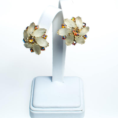 Vintage Champagne Frosted Crystal and Aurora Borealis Rhinestone Flower Statement Earrings, Clip On by 1960s - Vintage Meet Modern Vintage Jewelry - Chicago, Illinois - #oldhollywoodglamour #vintagemeetmodern #designervintage #jewelrybox #antiquejewelry #vintagejewelry