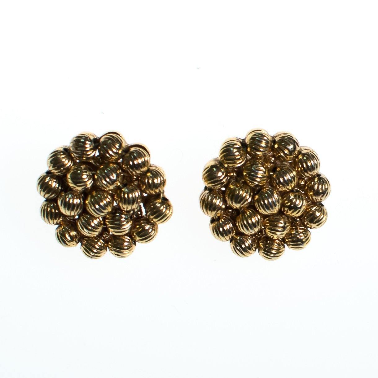 Vintage Crown Trifari Gold Bead Button Earrings, Clip On by Crown Trifari - Vintage Meet Modern Vintage Jewelry - Chicago, Illinois - #oldhollywoodglamour #vintagemeetmodern #designervintage #jewelrybox #antiquejewelry #vintagejewelry