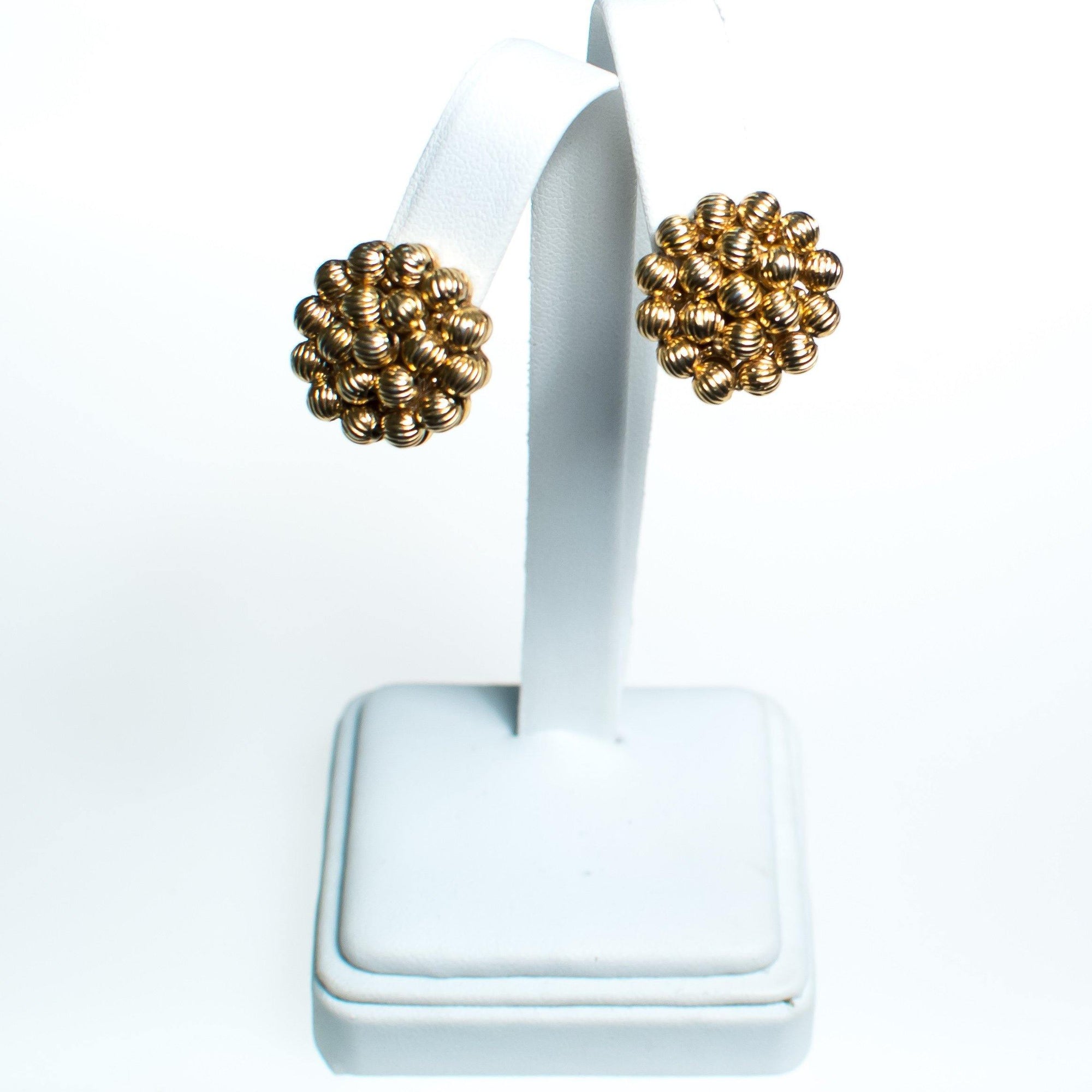 Vintage Crown Trifari Gold Bead Button Earrings, Clip On by Crown Trifari - Vintage Meet Modern Vintage Jewelry - Chicago, Illinois - #oldhollywoodglamour #vintagemeetmodern #designervintage #jewelrybox #antiquejewelry #vintagejewelry