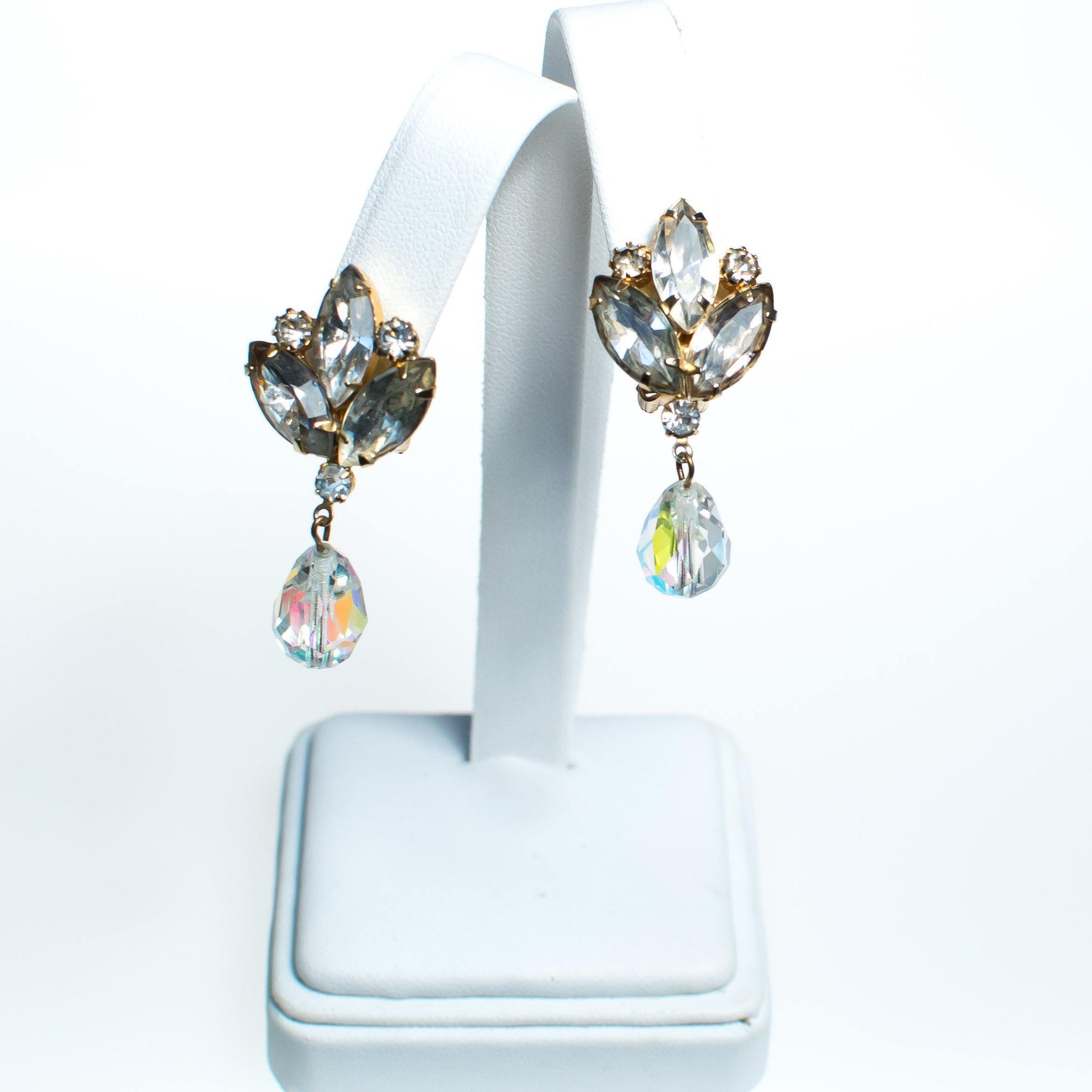 Vintage Juliana Dangling Aurora Borealis Rhinestone Statement Earrings, Clip On by Juliana - Vintage Meet Modern Vintage Jewelry - Chicago, Illinois - #oldhollywoodglamour #vintagemeetmodern #designervintage #jewelrybox #antiquejewelry #vintagejewelry