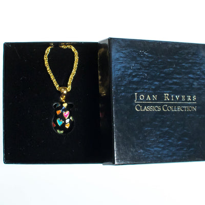 Vintage Joan Rivers Heart Imperia Egg Pendant Black Pendant with colorful Hearts Gold Tone Chain Lobster Clasp by Joan Rivers - Vintage Meet Modern Vintage Jewelry - Chicago, Illinois - #oldhollywoodglamour #vintagemeetmodern #designervintage #jewelrybox #antiquejewelry #vintagejewelry