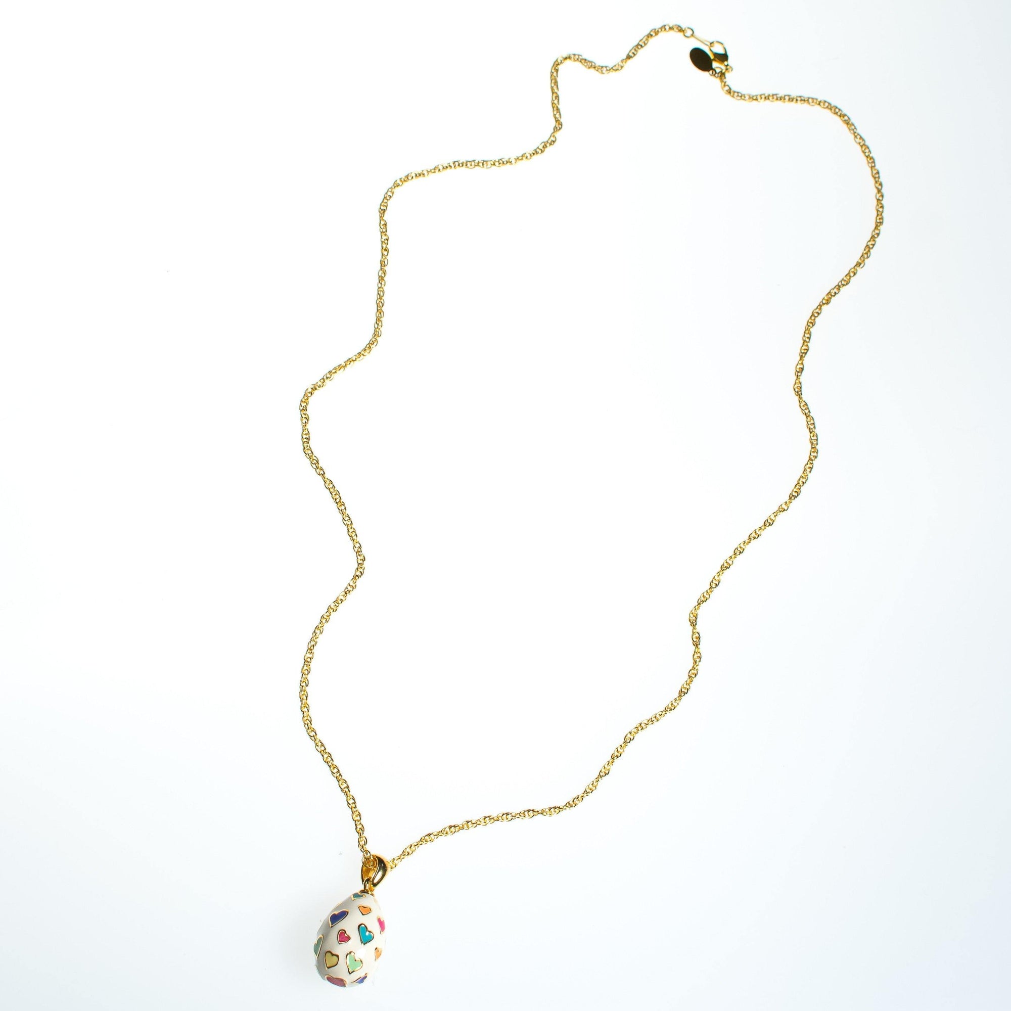 Joan Rivers Heart Imperial Egg Pendant, White Pendant with colorful Hearts, Gold Tone Chain, Lobster Clasp by Joan Rivers - Vintage Meet Modern Vintage Jewelry - Chicago, Illinois - #oldhollywoodglamour #vintagemeetmodern #designervintage #jewelrybox #antiquejewelry #vintagejewelry