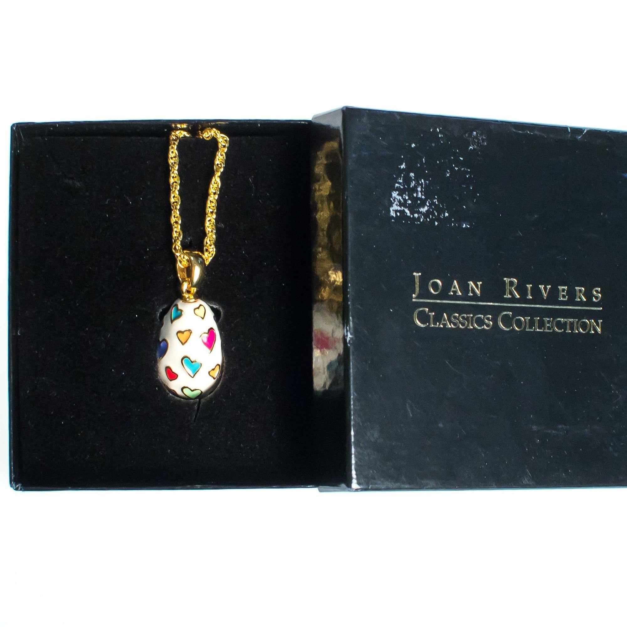 Joan Rivers Heart Imperial Egg Pendant, White Pendant with colorful Hearts, Gold Tone Chain, Lobster Clasp by Joan Rivers - Vintage Meet Modern Vintage Jewelry - Chicago, Illinois - #oldhollywoodglamour #vintagemeetmodern #designervintage #jewelrybox #antiquejewelry #vintagejewelry