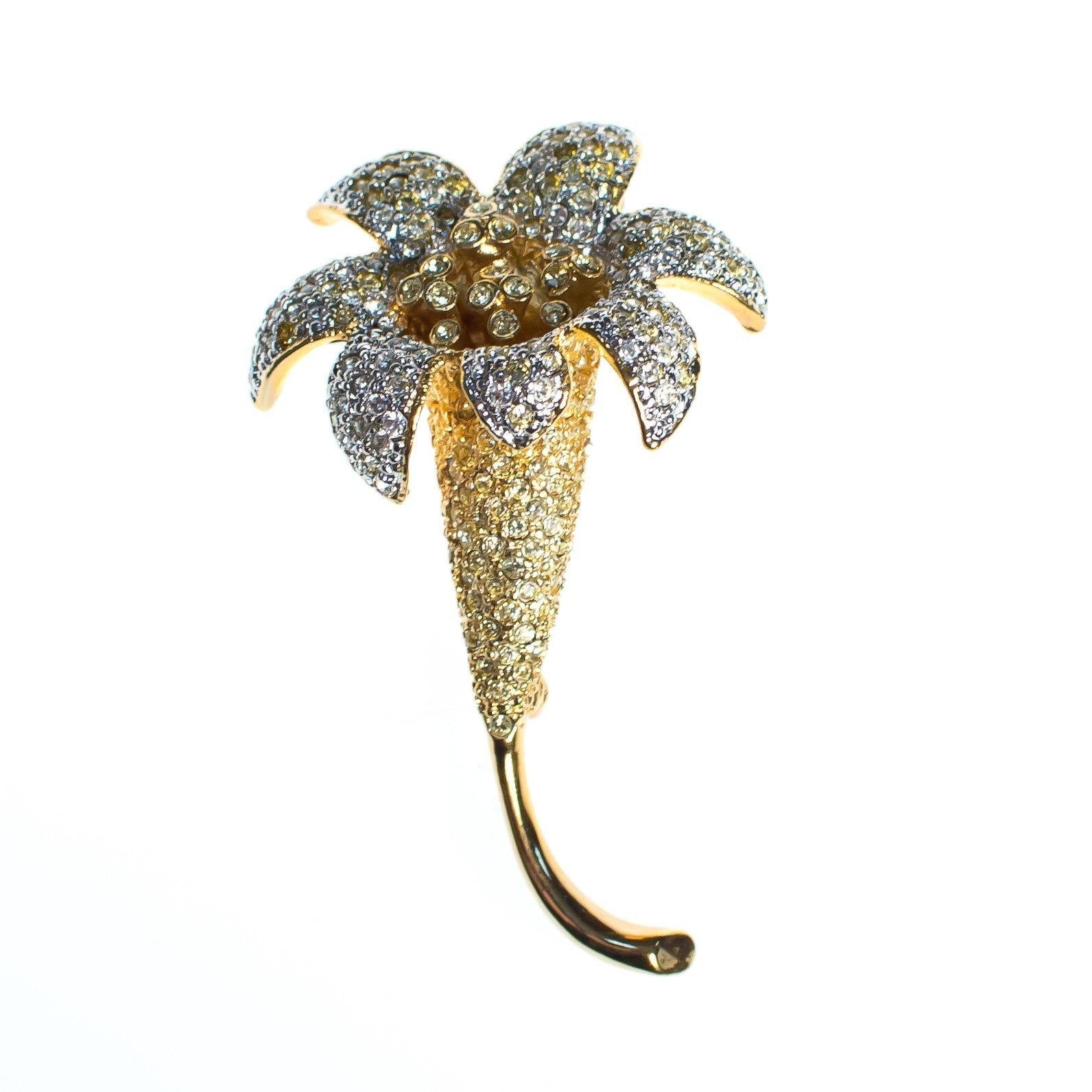 Vintage Kenneth Jay Lane Gilded Lily Flower Brooch, Gold and Silver Tone Setting, Diamante Crystals by Kenneth Jay Lane - Vintage Meet Modern Vintage Jewelry - Chicago, Illinois - #oldhollywoodglamour #vintagemeetmodern #designervintage #jewelrybox #antiquejewelry #vintagejewelry