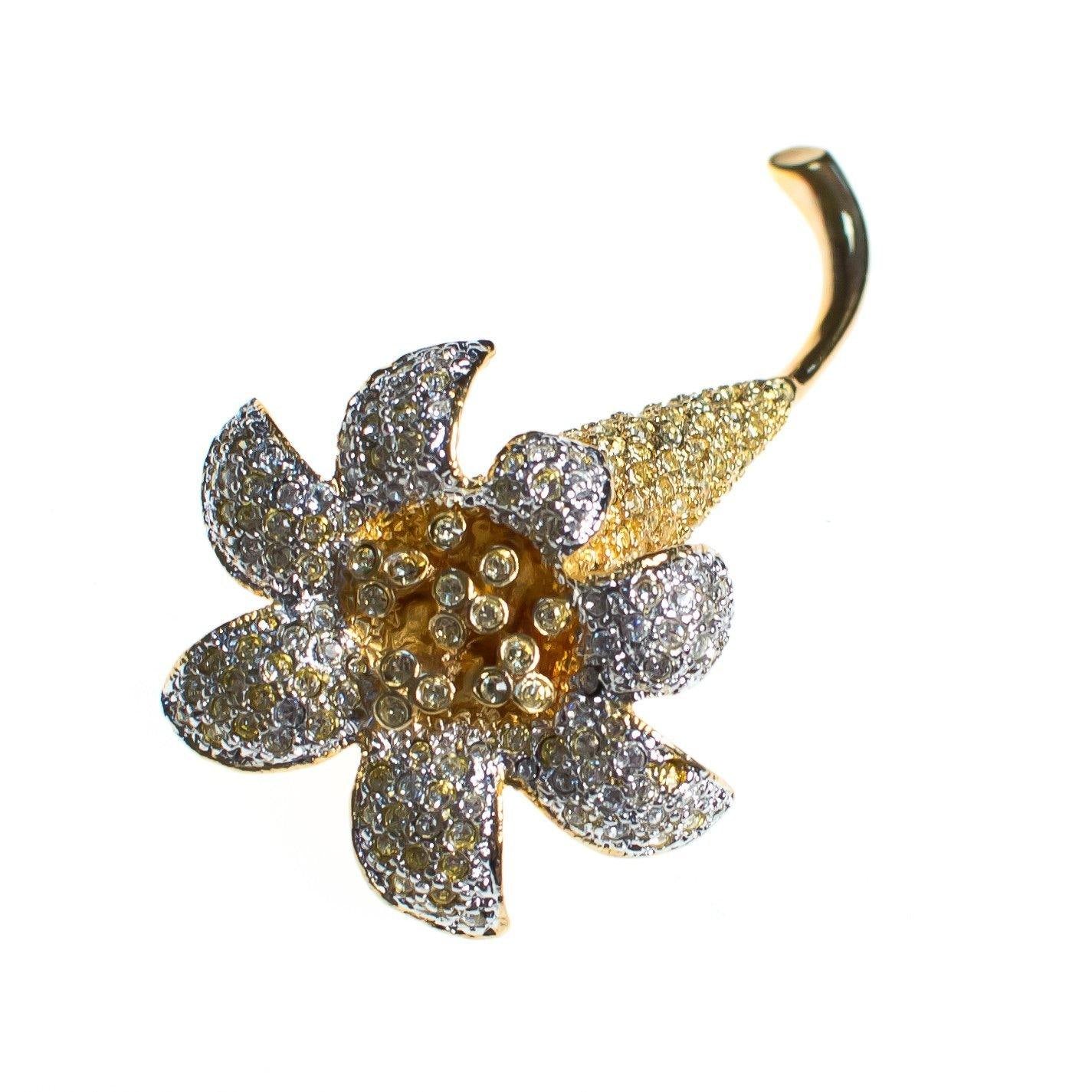 Vintage Kenneth Jay Lane Gilded Lily Flower Brooch, Gold and Silver Tone Setting, Diamante Crystals by Kenneth Jay Lane - Vintage Meet Modern Vintage Jewelry - Chicago, Illinois - #oldhollywoodglamour #vintagemeetmodern #designervintage #jewelrybox #antiquejewelry #vintagejewelry