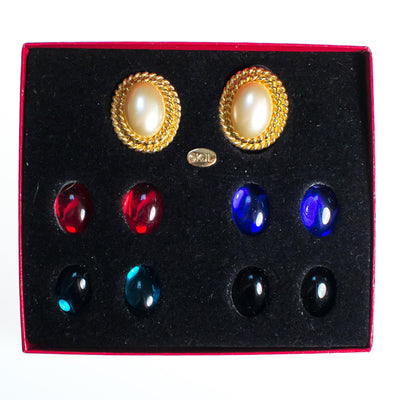 Vintage Kenneth Jay Lane Interchangeable Earrings Set, Gold Tone Setting, Gold, Blue, Red, Black, Faux Pearl, Oval Shape Pierced by Kenneth Jay Lane - Vintage Meet Modern Vintage Jewelry - Chicago, Illinois - #oldhollywoodglamour #vintagemeetmodern #designervintage #jewelrybox #antiquejewelry #vintagejewelry