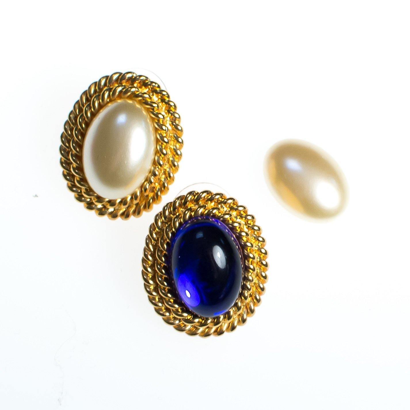 Vintage Kenneth Jay Lane Interchangeable Earrings Set, Gold Tone Setting, Gold, Blue, Red, Black, Faux Pearl, Oval Shape Pierced by Kenneth Jay Lane - Vintage Meet Modern Vintage Jewelry - Chicago, Illinois - #oldhollywoodglamour #vintagemeetmodern #designervintage #jewelrybox #antiquejewelry #vintagejewelry