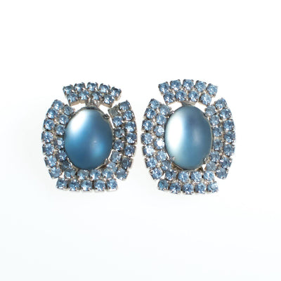 Vintage 1950s Retro Glam Frosted Cinderella Blue Rhinestone Statement Earrings, Clip On by 1950s - Vintage Meet Modern Vintage Jewelry - Chicago, Illinois - #oldhollywoodglamour #vintagemeetmodern #designervintage #jewelrybox #antiquejewelry #vintagejewelry