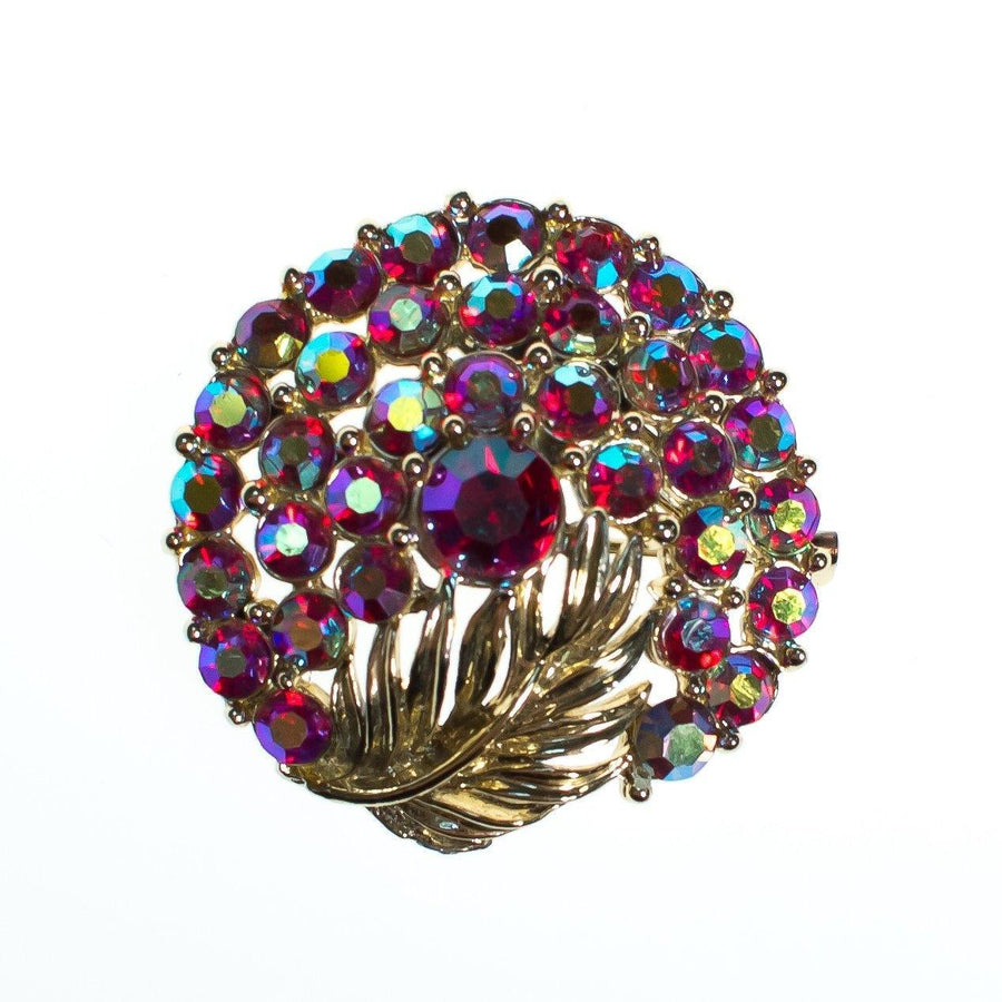 Vintage Round Brooch, Pink Iridescent Aurora Borealis Rhinestones, Gold Tone Leaf, Golf Tone Setting, Brooches and Pins by 1950s - Vintage Meet Modern Vintage Jewelry - Chicago, Illinois - #oldhollywoodglamour #vintagemeetmodern #designervintage #jewelrybox #antiquejewelry #vintagejewelry