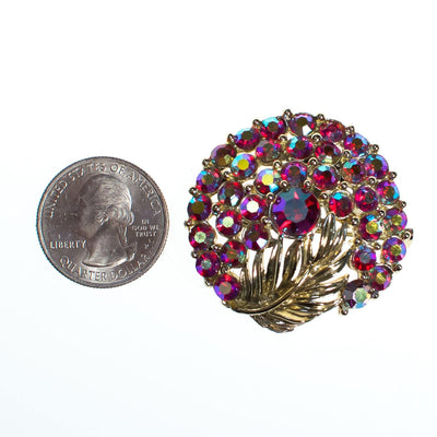 Vintage Round Brooch, Pink Iridescent Aurora Borealis Rhinestones, Gold Tone Leaf, Golf Tone Setting, Brooches and Pins by 1950s - Vintage Meet Modern Vintage Jewelry - Chicago, Illinois - #oldhollywoodglamour #vintagemeetmodern #designervintage #jewelrybox #antiquejewelry #vintagejewelry