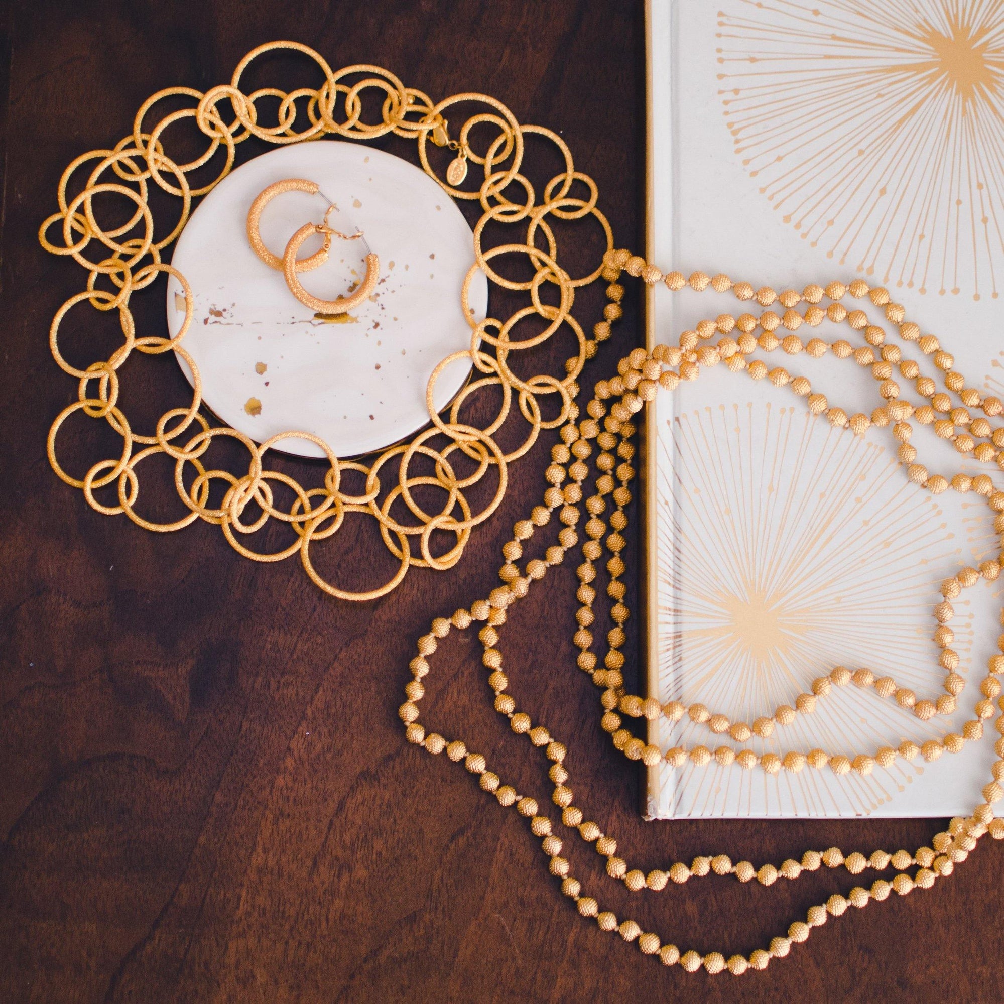 Vintage Joan Rivers Brushed Gold Large Circular Link Necklace and Hoop Earrings Set, Gold Tone Setting, Pierced, Lobster Claw Clasp by Joan Rivers - Vintage Meet Modern Vintage Jewelry - Chicago, Illinois - #oldhollywoodglamour #vintagemeetmodern #designervintage #jewelrybox #antiquejewelry #vintagejewelry