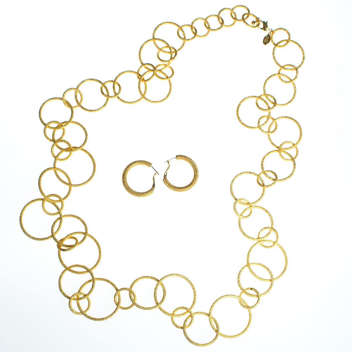 Vintage Joan Rivers Brushed Gold Large Circular Link Necklace and Hoop Earrings Set, Gold Tone Setting, Pierced, Lobster Claw Clasp