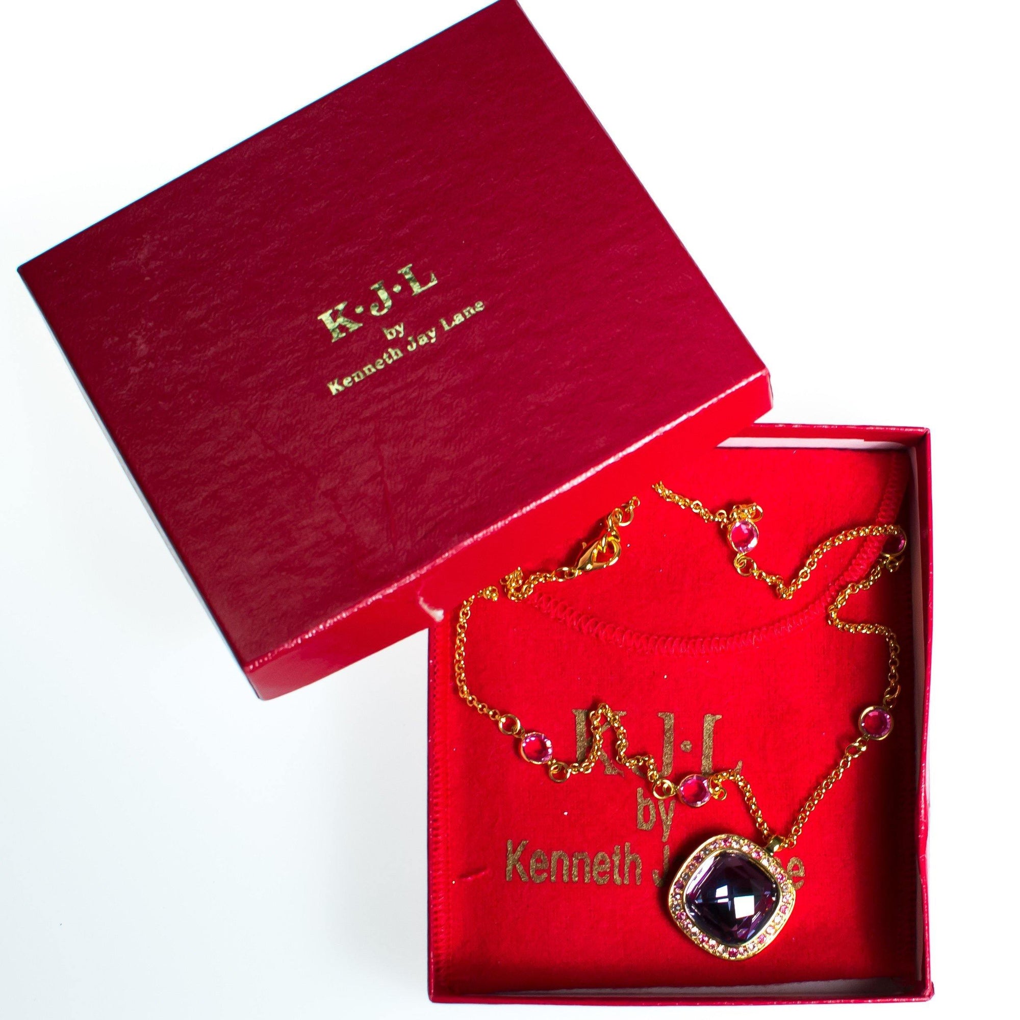 Vintage Kenneth Jay Lane Necklace and Pendant, Pink Rhinestones, Purple Rhinestones, Clear Rhinestones, Gold Tone Necklace, Lobster Clasp by Kenneth Jay Lane - Vintage Meet Modern Vintage Jewelry - Chicago, Illinois - #oldhollywoodglamour #vintagemeetmodern #designervintage #jewelrybox #antiquejewelry #vintagejewelry