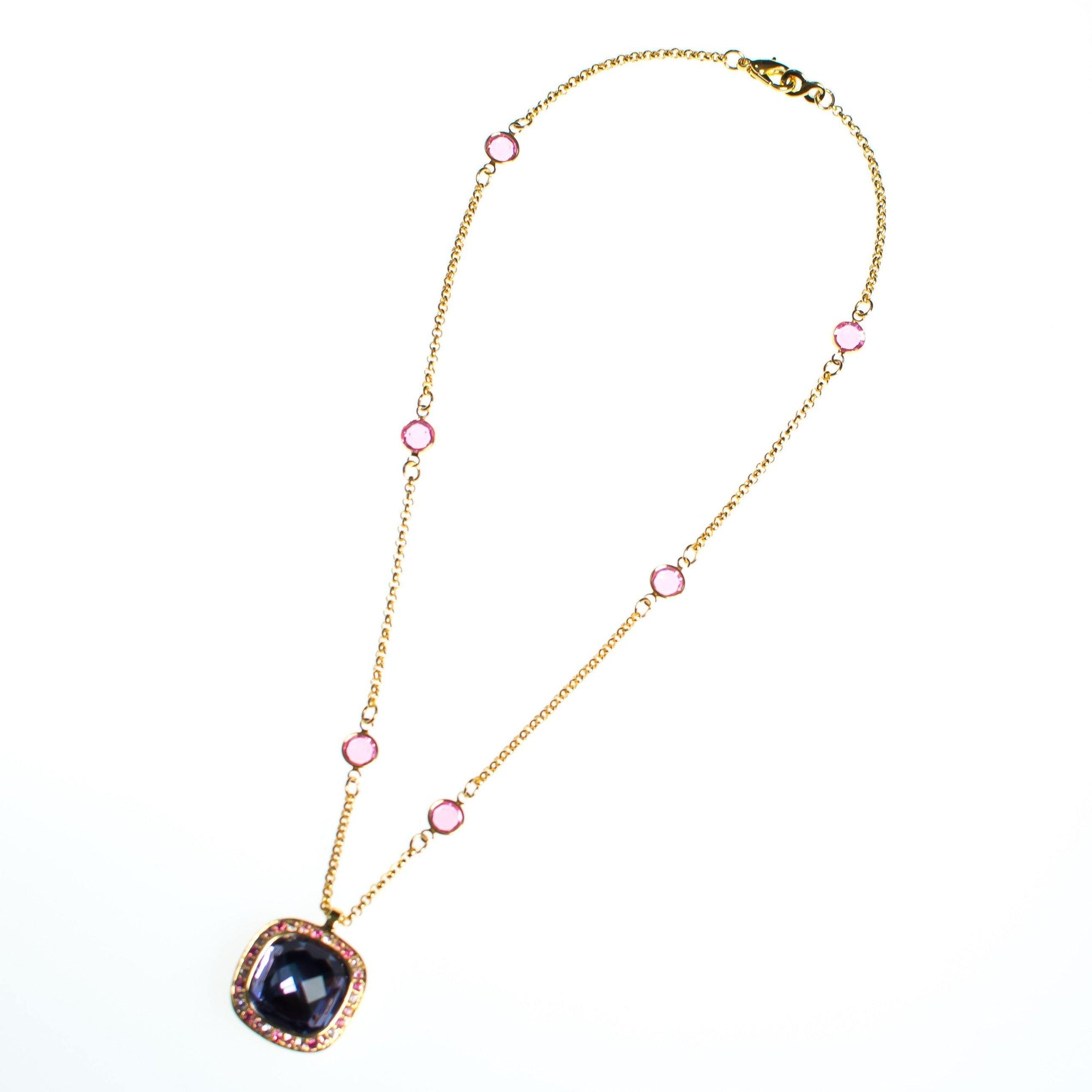 Vintage Kenneth Jay Lane Necklace and Pendant, Pink Rhinestones, Purple Rhinestones, Clear Rhinestones, Gold Tone Necklace, Lobster Clasp by Kenneth Jay Lane - Vintage Meet Modern Vintage Jewelry - Chicago, Illinois - #oldhollywoodglamour #vintagemeetmodern #designervintage #jewelrybox #antiquejewelry #vintagejewelry