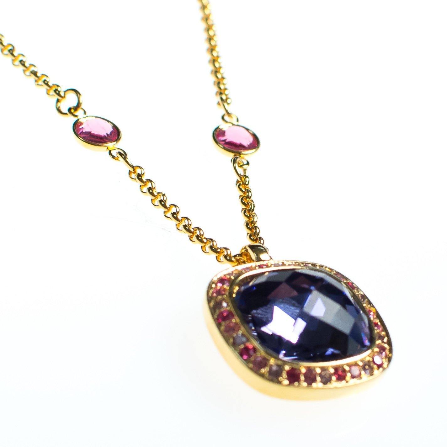 Vintage Kenneth Jay Lane Necklace and Pendant, Pink Rhinestones, Purple Rhinestones, Clear Rhinestones, Gold Tone Necklace, Lobster Clasp by Kenneth Jay Lane - Vintage Meet Modern Vintage Jewelry - Chicago, Illinois - #oldhollywoodglamour #vintagemeetmodern #designervintage #jewelrybox #antiquejewelry #vintagejewelry